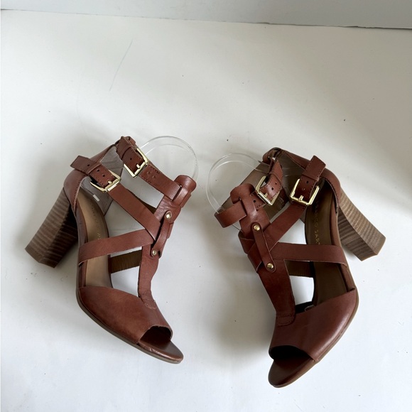 FRANCO SARTO Womens Bizzy Brown Leather Heels Cross Strap Sandals Shoes Size 6.5 - Picture 3 of 10